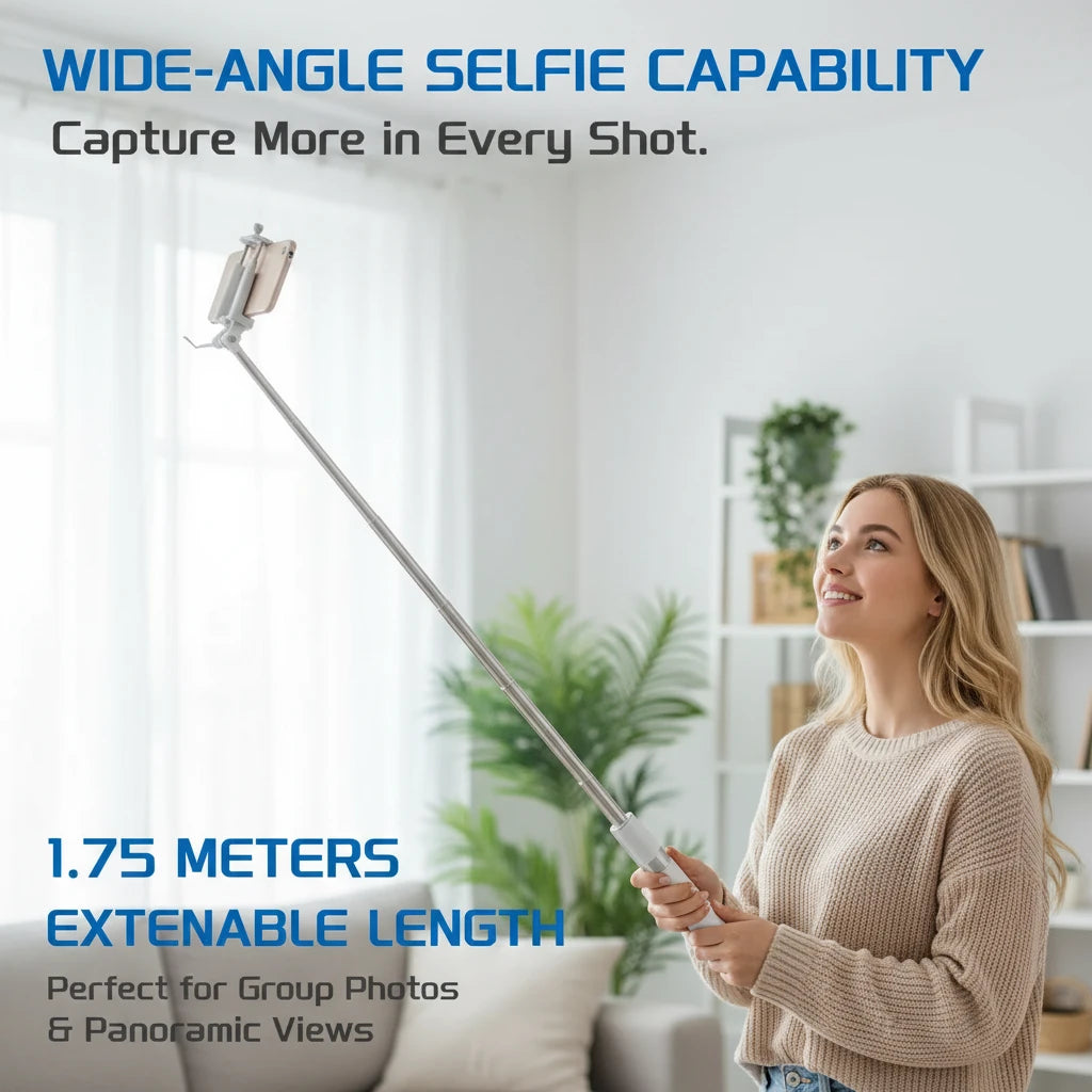 A woman holding a long silver extendable selfie stick with a mounted camera, shown in a home-like setting with promotional text about wide-angle selfie capability and 1.75 meters length.
