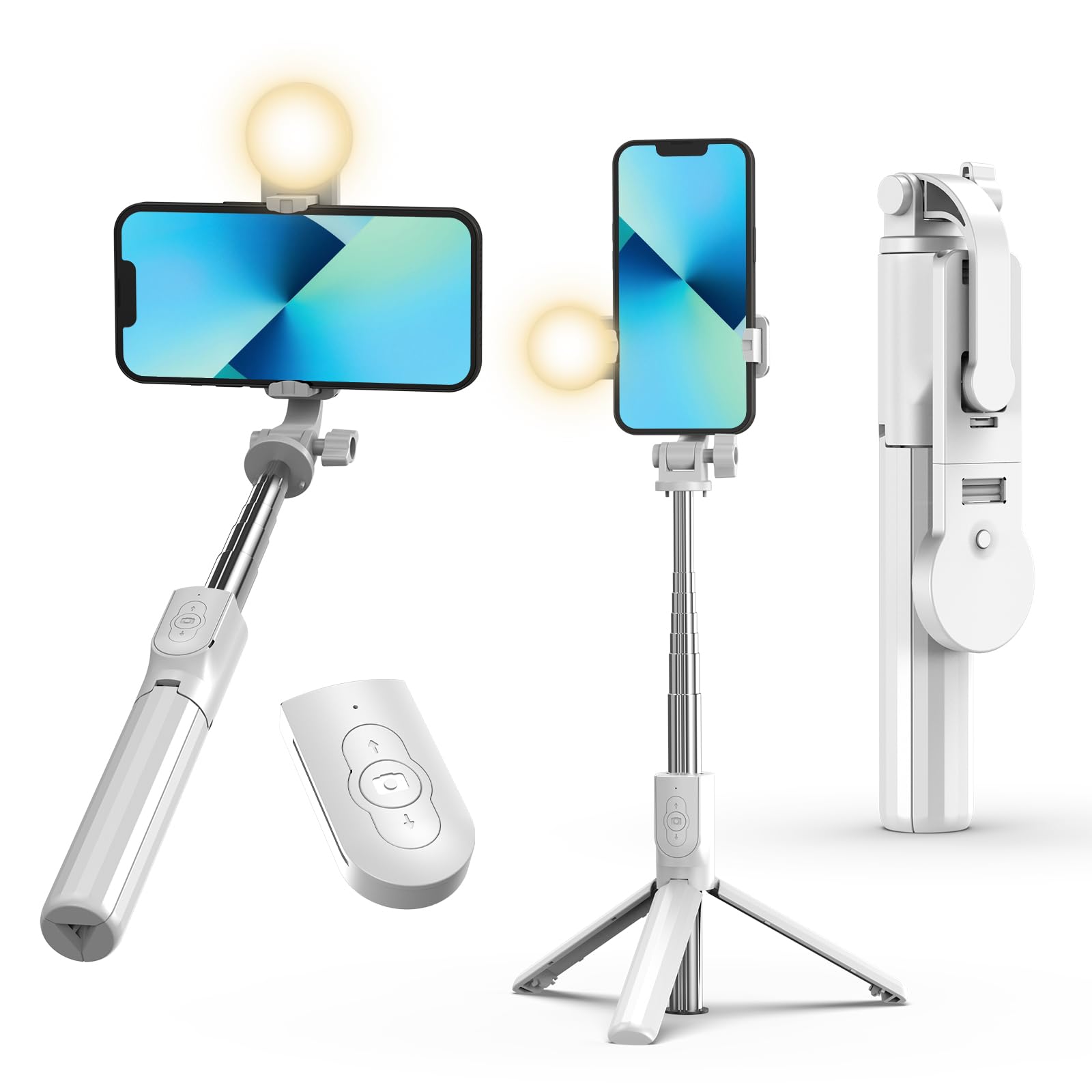 Selfie Stick Tripod Extendable Selfie Stick with Light Wireless Remote Bluetooth Selfie Stick for iPhone 15 14 13 Pro Max and More Smartphones White